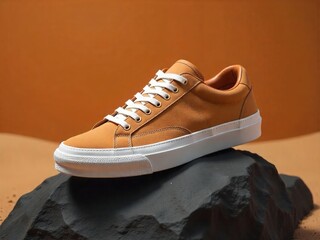 Contemporary orange canvas sneaker with pristine white laces and a clean sole, showcased on a dark rock with a warm, earthy background, perfect for modern casual fashion