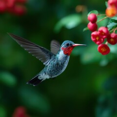 Fototapeta premium Close-up of a hummingbird hovering near a red flower, wings blurred with motion, surrounded by lush greenery