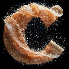 Sugar coated gummy candy in the shape of the letter C against black background.