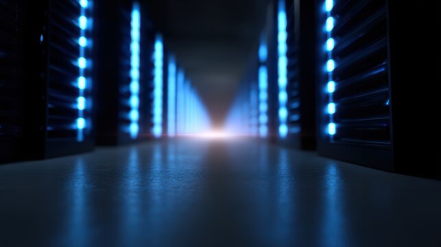 Futuristic data center with rows of glowing servers and cool blue lighting, symbolizing advanced cloud computing
