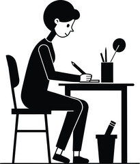 Young person writing at a desk silhouette