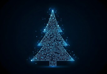 Digital christmas tree made of glowing blue circuit board lines on dark background
