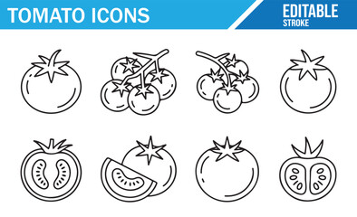 Farm Fresh Tomato Symbols — Outline Set of Whole, Cut, and Cherry Cluster