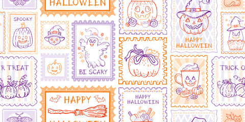 Halloween pattern. Seamless stamp pumpkin. Cute vector postcard background. Doodle postal print with ghost, fall pumpkin, skull, bow, cat. Halloween frame bg, vintage autumn cozy post seamless pattern