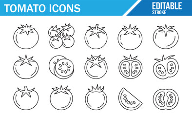 Tomato Outline Collection — Whole Fruit, Halves, Seeds, Vine, Thin Stroke Icons