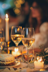 Elegant evening gathering with wine glasses, candles, and delightful confectionary treat