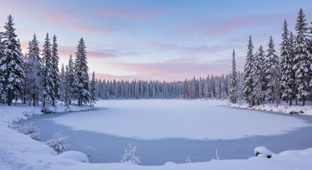 Frozen lake surrounded by snow-covered pine trees, soft pastel sky, early morning light, peaceful winter scene, no people