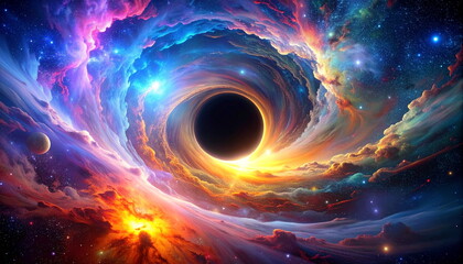 a vibrant and surreal illustration of a black hole surrounded by colorful swirling nebula clouds, glowing stars, and cosmic light in outer space