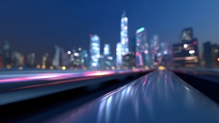 Futuristic city skyline at dusk with flying cars zooming past sleek skyscrapers bathed in neon lights