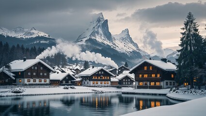 Snowy Alpine village with wooden chalets and mountains in winter  