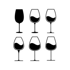 A set of vector icons depicting wine glasses in various styles, isolated on a transparent background. For restaurant menu design, bar logos, winery branding, tasting invitations.