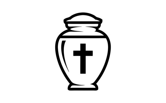  Black vector silhouette icon of a cremation urn with a Christian cross on a transparent background. A symbol of death, funeral services, burial, and remembrance. 