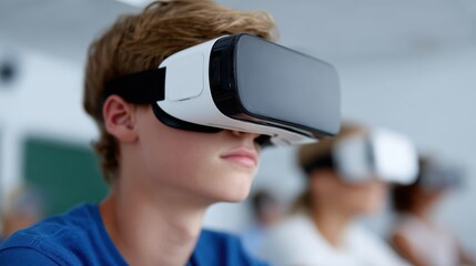 Students using virtual reality headsets in a futuristic classroom with tech gadgets