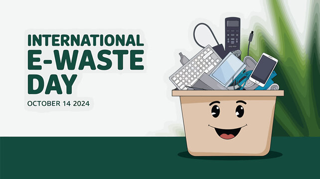 Vector art of international ewaste day illustration with a smiling bin full of electronic devices like keyboards, phones, and remotes, promoting responsible disposal on october 14, 2025