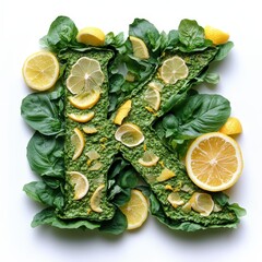 Vibrant letter K crafted from fresh green leaves and bright lemon slices.