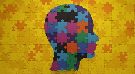 Colorful jigsaw puzzle forming human head representing mental health awareness