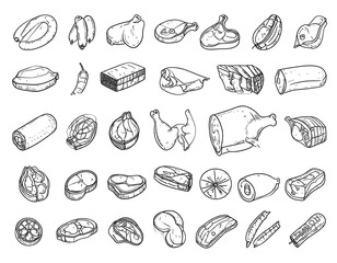 Hand-drawn collection of meat and poultry