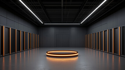 Futuristic room with glowing circular platform in center, surrounded by sleek, dark walls and illuminated by linear ceiling lights, creating high tech ambiance