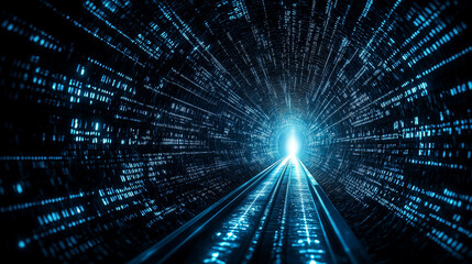 Futuristic tunnel with glowing blue binary code lines creates sense of speed and technology, symbolizing data transfer or digital communication. bright light at end adds sense of mystery