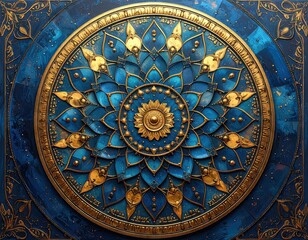 Naklejka premium Blue and Gold Mandala with Intricate Details