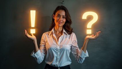 Woman holding glowing exclamation mark and question mark indoors  