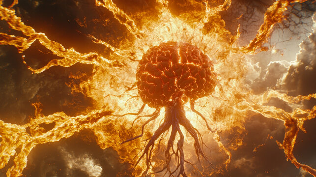 Radiant neural grid art piece depicts dynamic, fiery brain like structure with glowing tendrils extending outward, set against dramatic sky. image evokes sense of energy and creativity