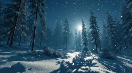 Snowy pine forest illuminated by bright moonlight, long tree shadows on the snow, falling snowflakes in magical serene winter night landscape - Powered by Adobe