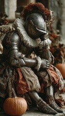 Knight in armor resting among autumn decorations