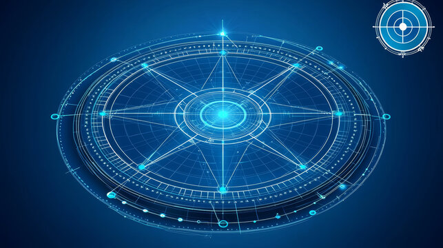 Futuristic blue circular interface with glowing radial lines and digital elements, resembling high tech radar or target system. design is intricate and symmetrical