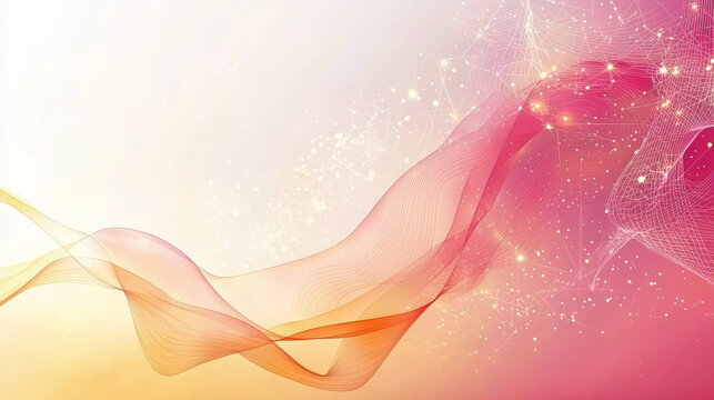 Dynamic abstract background features flowing pink and orange waves with network of white lines and glowing dots, creating sense of movement and energy - Powered by Adobe