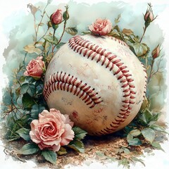 Vintage Baseball with Pink Roses Still Life.