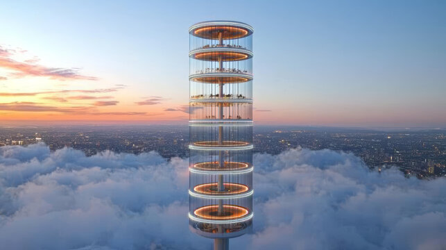 Futuristic tower with circular platforms rises above clouds, showcasing modern architectural design against vibrant sunset sky. structure features multiple levels with illuminated edges