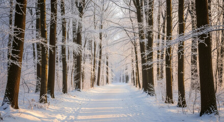 Path through a snowy forest, bare trees covered in frost, soft golden light filtering through, peaceful and undisturbed, no humans