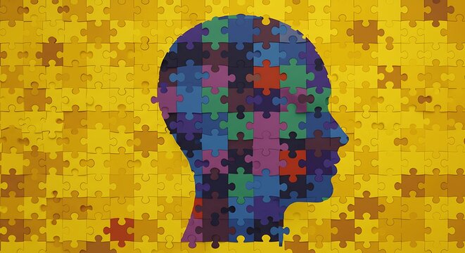 Human head made of puzzle pieces symbolizing autism and mental health - Powered by Adobe