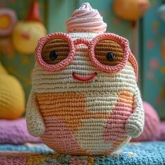 Whimsical Crochet Toy with Glasses and Swirl Topping.