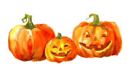 Obraz premium Hand-drawn watercolor pumpkins with carved faces