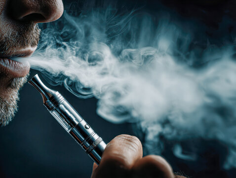 Close-up of a man exhaling dense vapor from a sleek metallic personal vaporizer against a dark background, emphasizing technology and modern lifestyle choices
