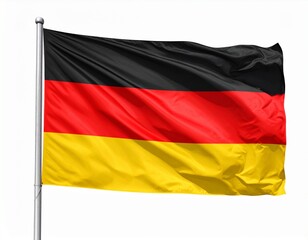 Naklejka premium The national flag of Germany waving on a flagpole against a clean white background, a symbol of patriotism and European identity