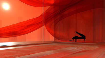 Grand piano sits in modern, abstract space with flowing red waveforms resembling musical notes, creating dramatic and artistic atmosphere. sun casts warm glow