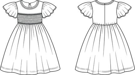 Girl dress flat sketch, fashion technical drawing, front and back view, smocked bodice, ruffle sleeves, scalloped neckline, apparel design template