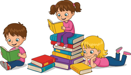 Cartoon children reading books, happy kids studying, boy and girls with colorful books, learning education, school library, study time illustration