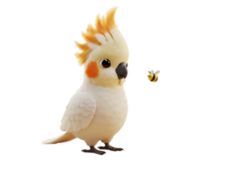 Cute Cockatiel looking at a tiny flying bee
