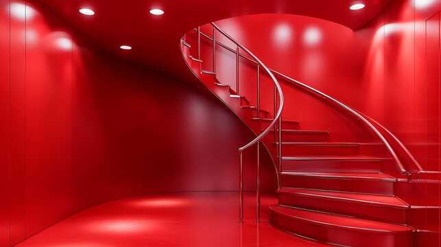 Striking red modern staircase spirals upward in futuristic setting, featuring sleek metal railings and smooth surfaces, creating bold and dynamic architectural statement - Powered by Adobe