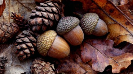 Acorns and pine cones nestled in fallen leaves