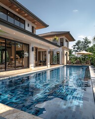 Stunning Modern Villa with Sparkling Swimming Pool Surrounded by Lush Landscaping on a Bright Sunny Day