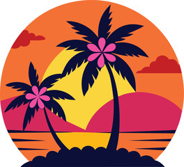 sunset and two palm trees on the beach vector illustration