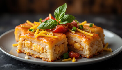 - Cheesy corn squares with basil garnish