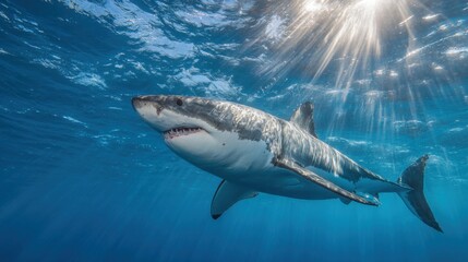 Fototapeta premium A great white shark swims gracefully beneath the bright sunlight streaming through the waters surface. The vibrant blue ocean surrounds the powerful creature as it explores its habitat.