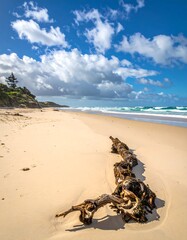 Beach scene with driftwood