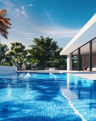 Contemporary Luxurious Pool Overlooking a Lush Landscape Under a Clear Blue Sky in Sunny Tropical Environment